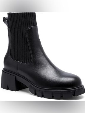 Black Chunky Chelsea Boot with Rib Knit Ankle